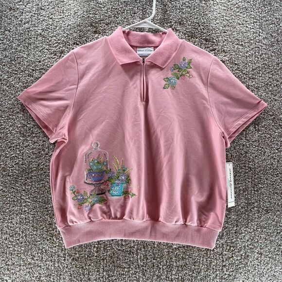 Alfred Dunner Shirt Womens Large Petite Pink Quarter Zip Collar Embroidered VTG - Picture 1 of 14